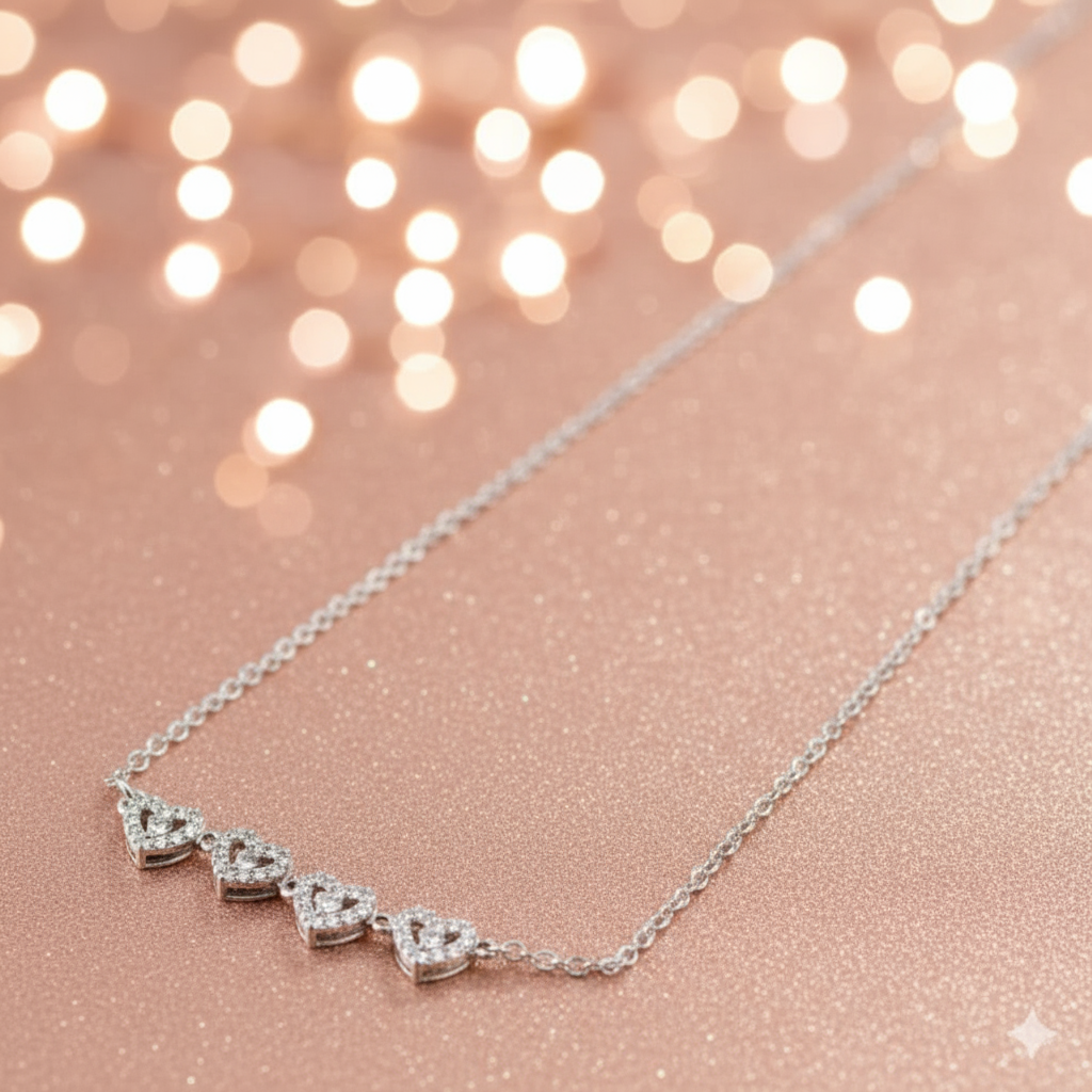 Silver Heart Necklace - Four Hearts with Crystal Stones