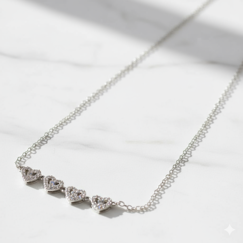 Silver Heart Necklace - Four Hearts with Crystal Stones