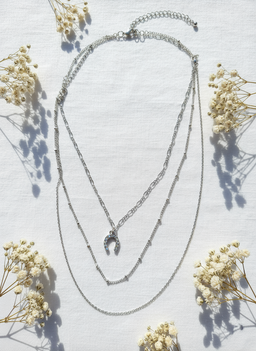 Layered Silver Necklace with Horseshoe Charm - 3 Layer Chain Necklace for Women