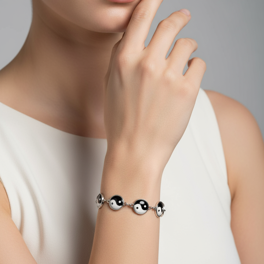 Silver Chain Link Bracelet with Black & White Charms