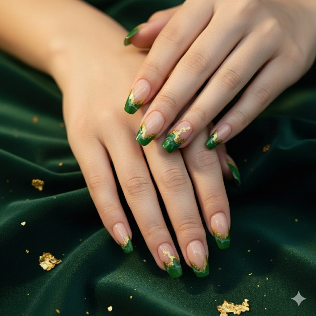 Emerald Green & Nude Press-On Nails with Gold Foil - Luxury Set