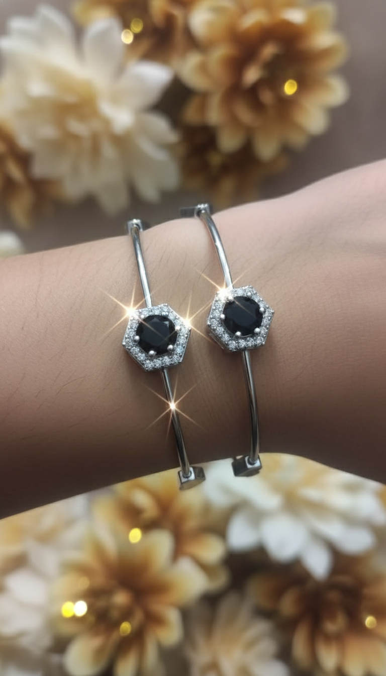 Stainless Steel Black Stone Bangle Pair -