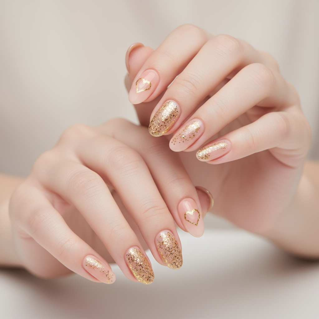 Nude Press-On Nails with Gold Glitter - 24 Pieces Natural & Comfortable