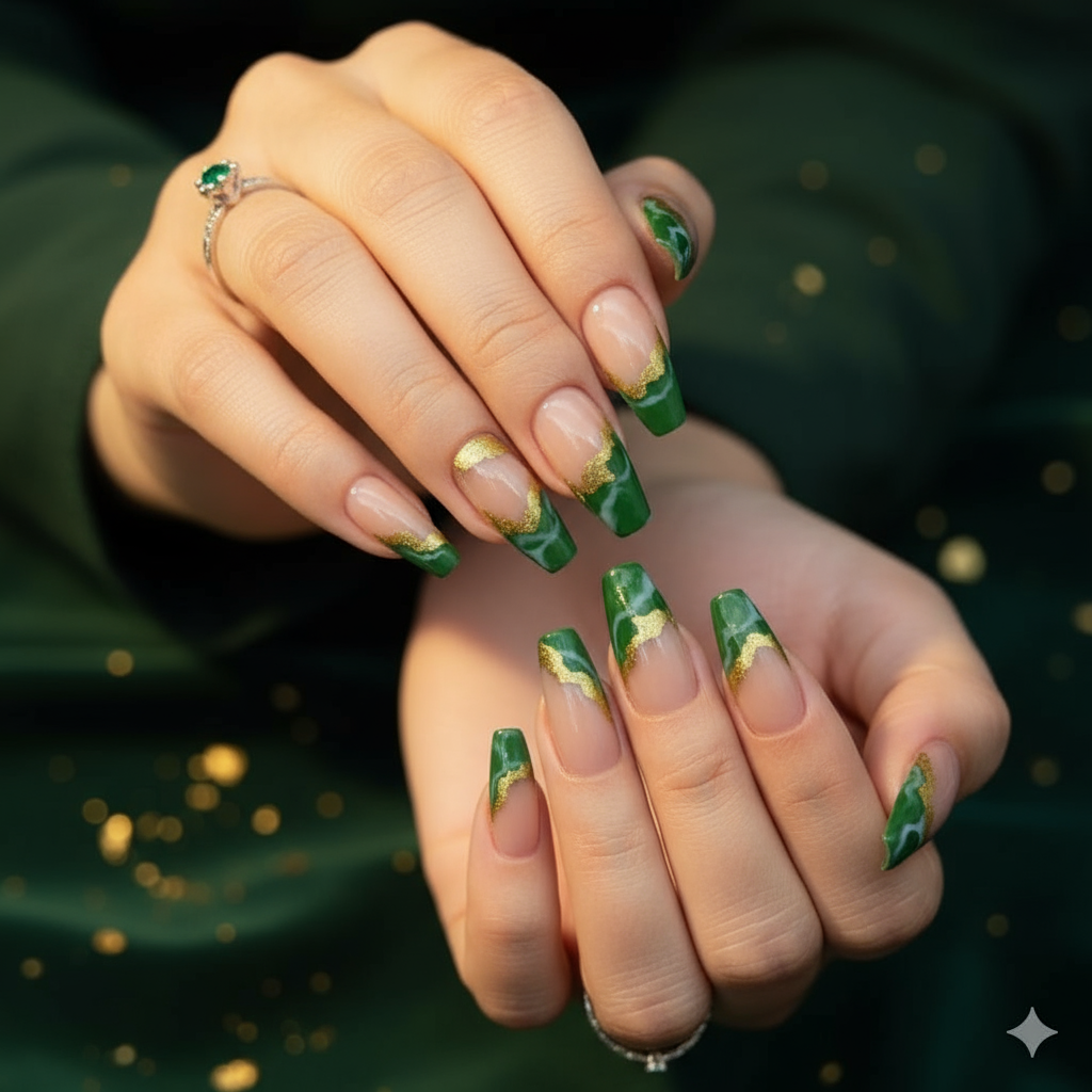 Emerald Green & Nude Press-On Nails with Gold Foil - Luxury Set