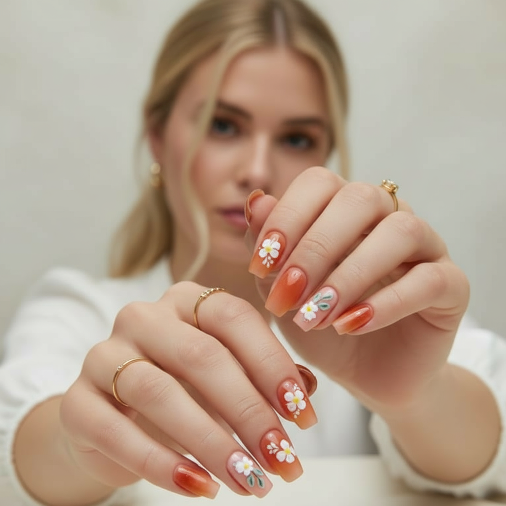 Orange Floral Press-On Nails - Terracotta Nail Art Set