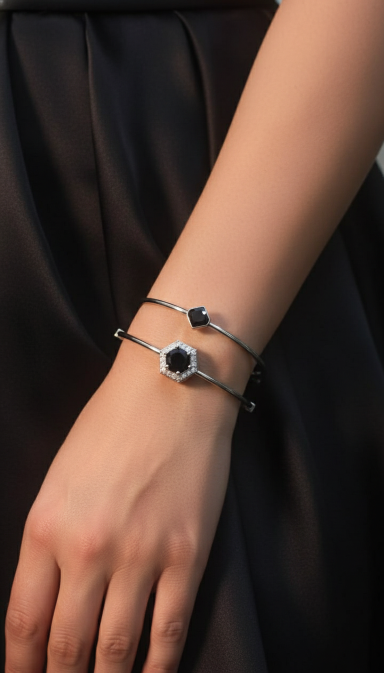 Stainless Steel Black Stone Bangle Pair -