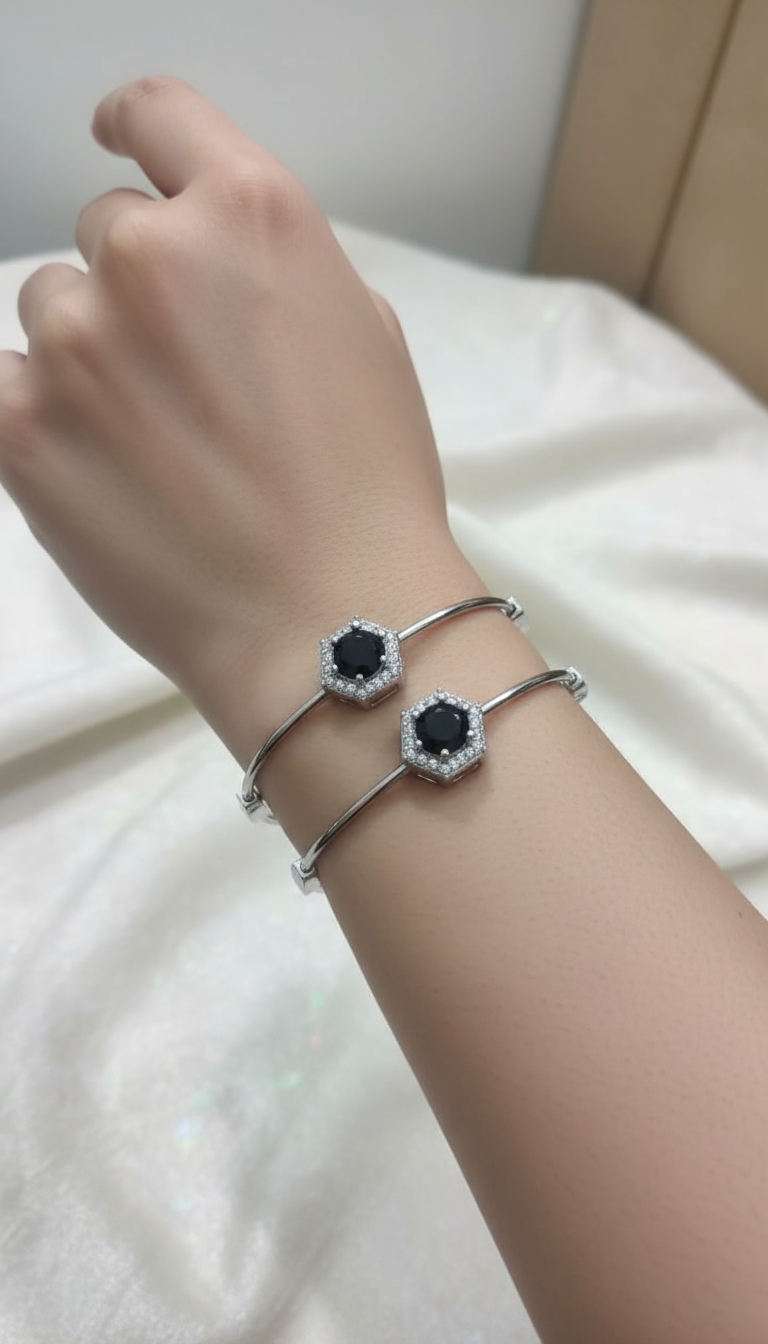 Stainless Steel Black Stone Bangle Pair -