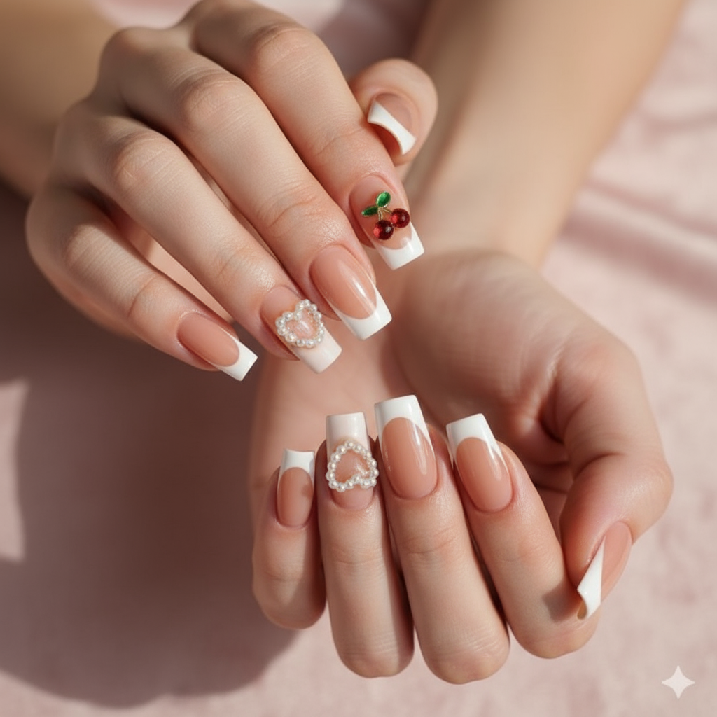 Press-On Nails with Cherry, Bow & Pearl Hearts - Cute Set