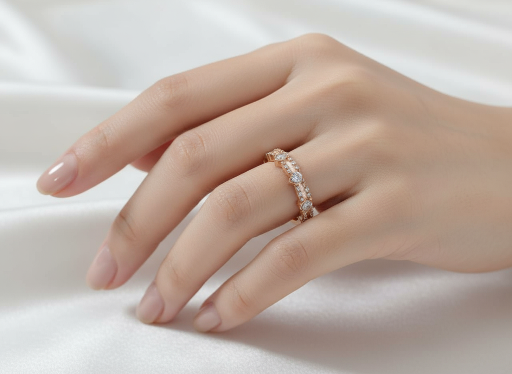 Rose Gold Crystal Ring - Delicate Stackable Band with Stones