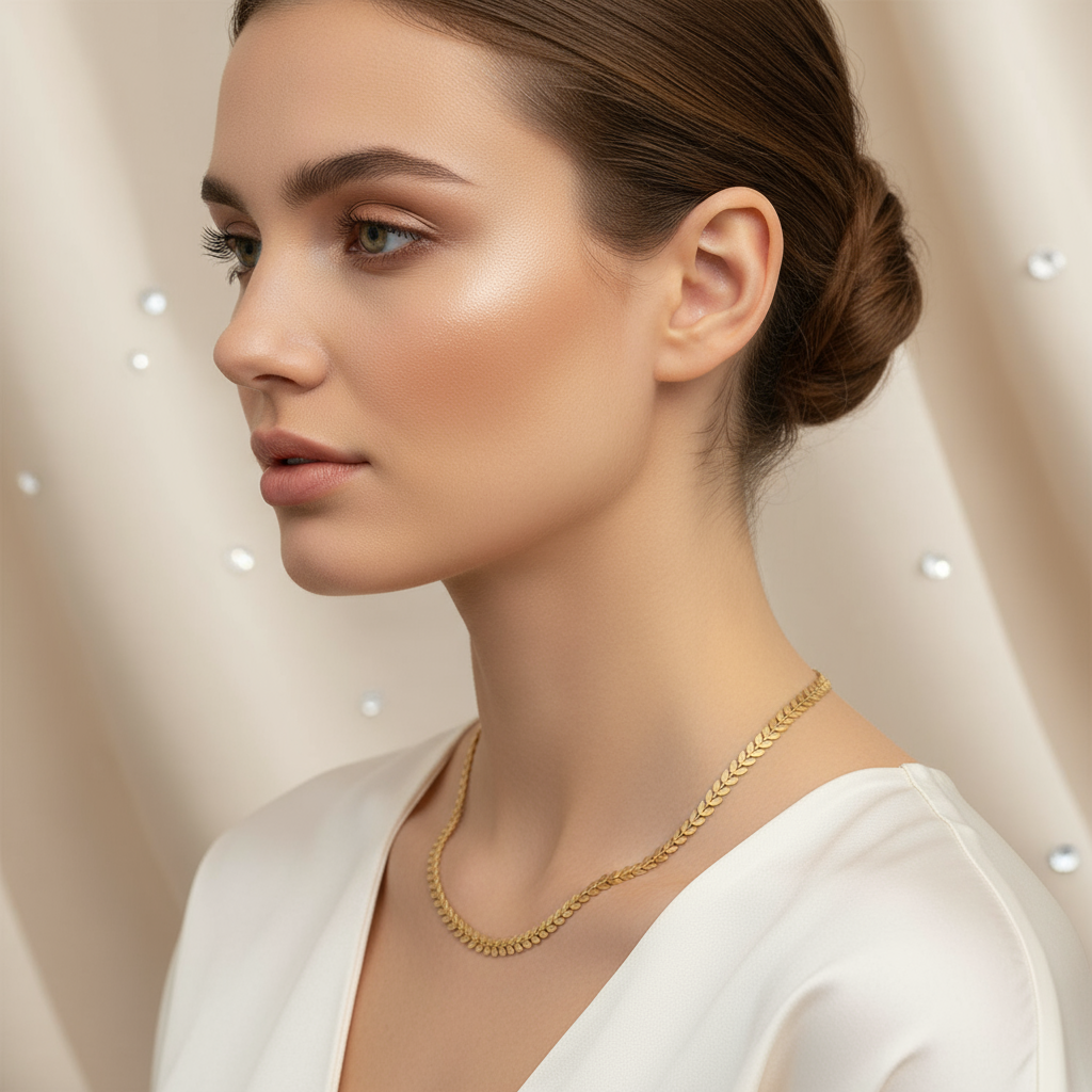 Gold Chevron Chain Necklace - Delicate Leaf Pattern Design