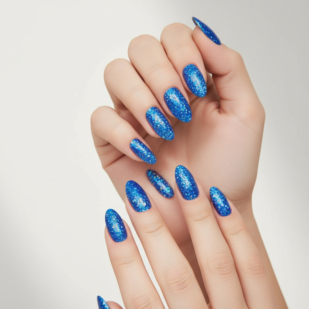 Blue Glitter Press-On Nails - Holographic Sparkle Nail Art Set
