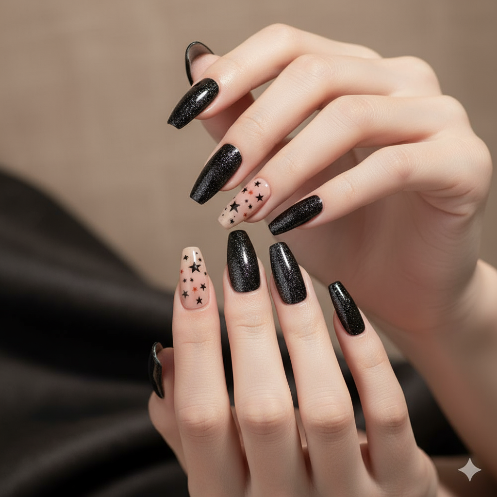 Rock & Roll Press-On Nails - 24 Pieces Black Glitter & Nude Set