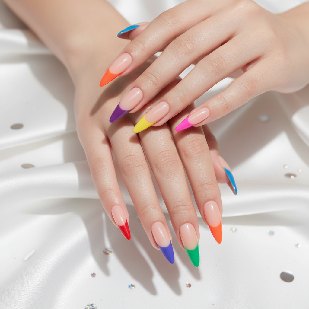 Colorful French Tip Press-On Nails - 12 Pieces Rainbow Tips