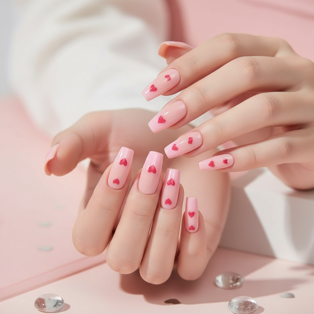 Pink Press-On Nails with Hearts - 24 Pieces Romantic Nail Art