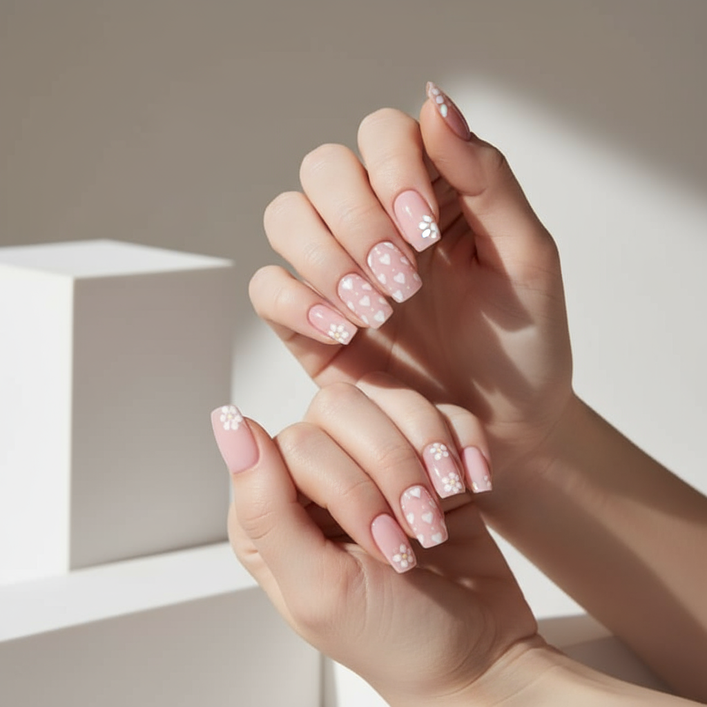Pink Press-On Nails with Hearts & Flowers - Romantic Nail Art Set