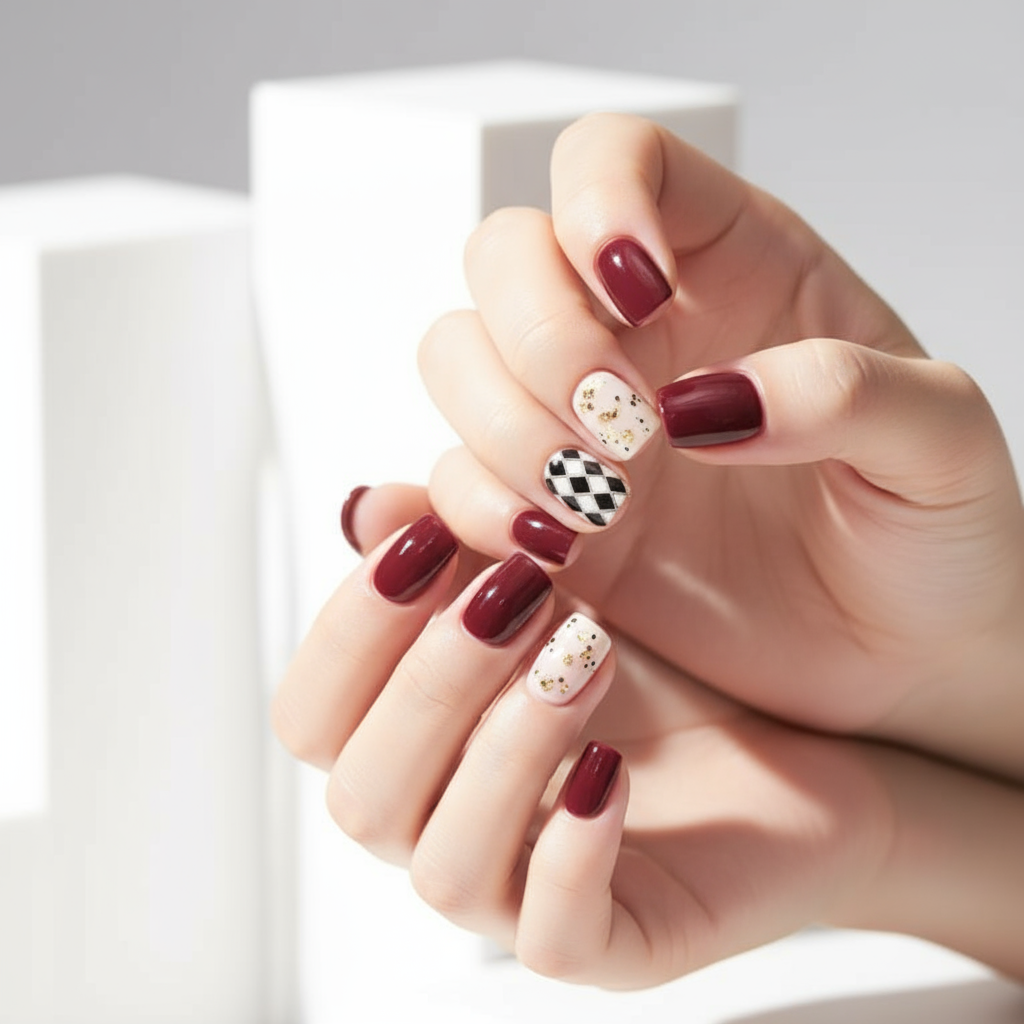 Burgundy & Geometric Press-On Nails - 24 Pieces Elegant Design