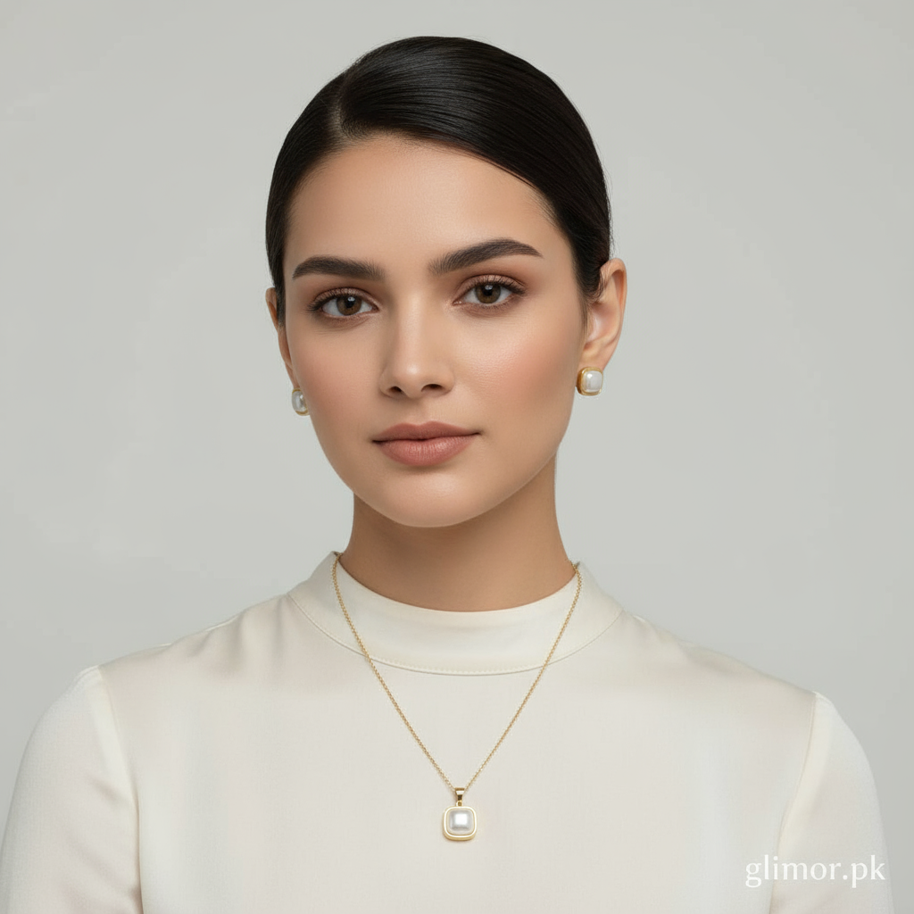 Gold Pearl Jewelry Set - Necklace & Earrings