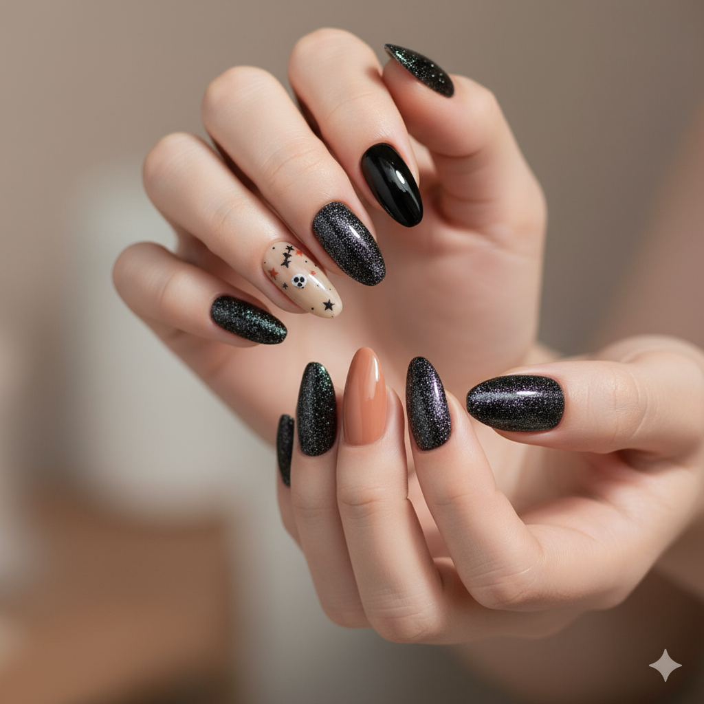 Rock & Roll Press-On Nails - 24 Pieces Black Glitter & Nude Set