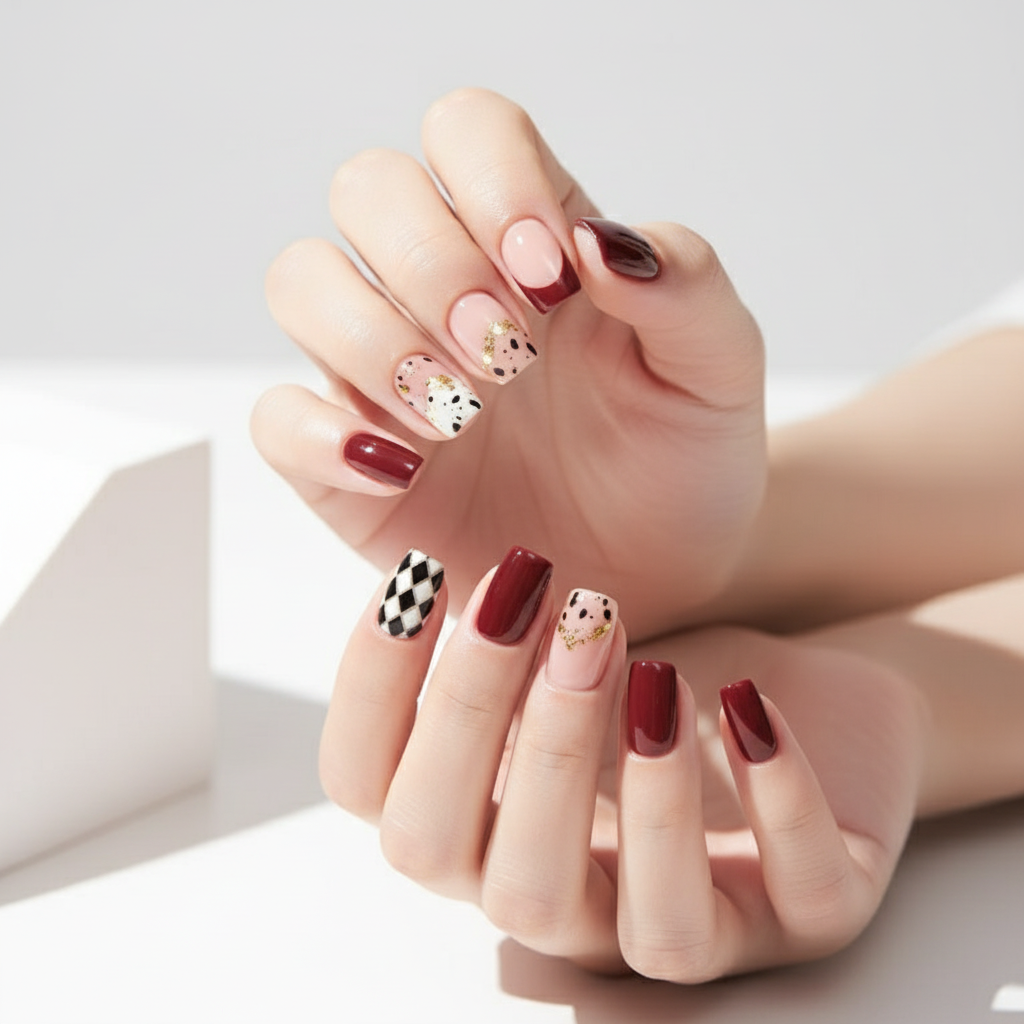 Burgundy & Geometric Press-On Nails - 24 Pieces Elegant Design