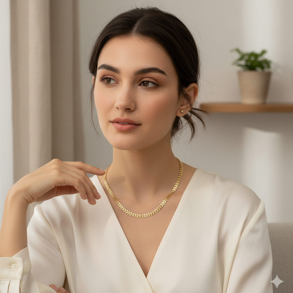 Gold Chevron Chain Necklace - Delicate Leaf Pattern Design