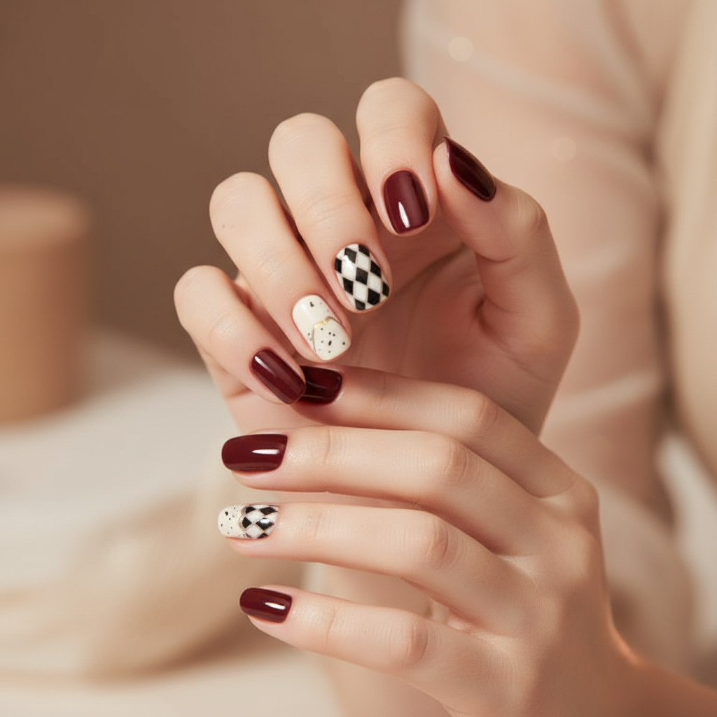 Burgundy & Geometric Press-On Nails - 24 Pieces Elegant Design