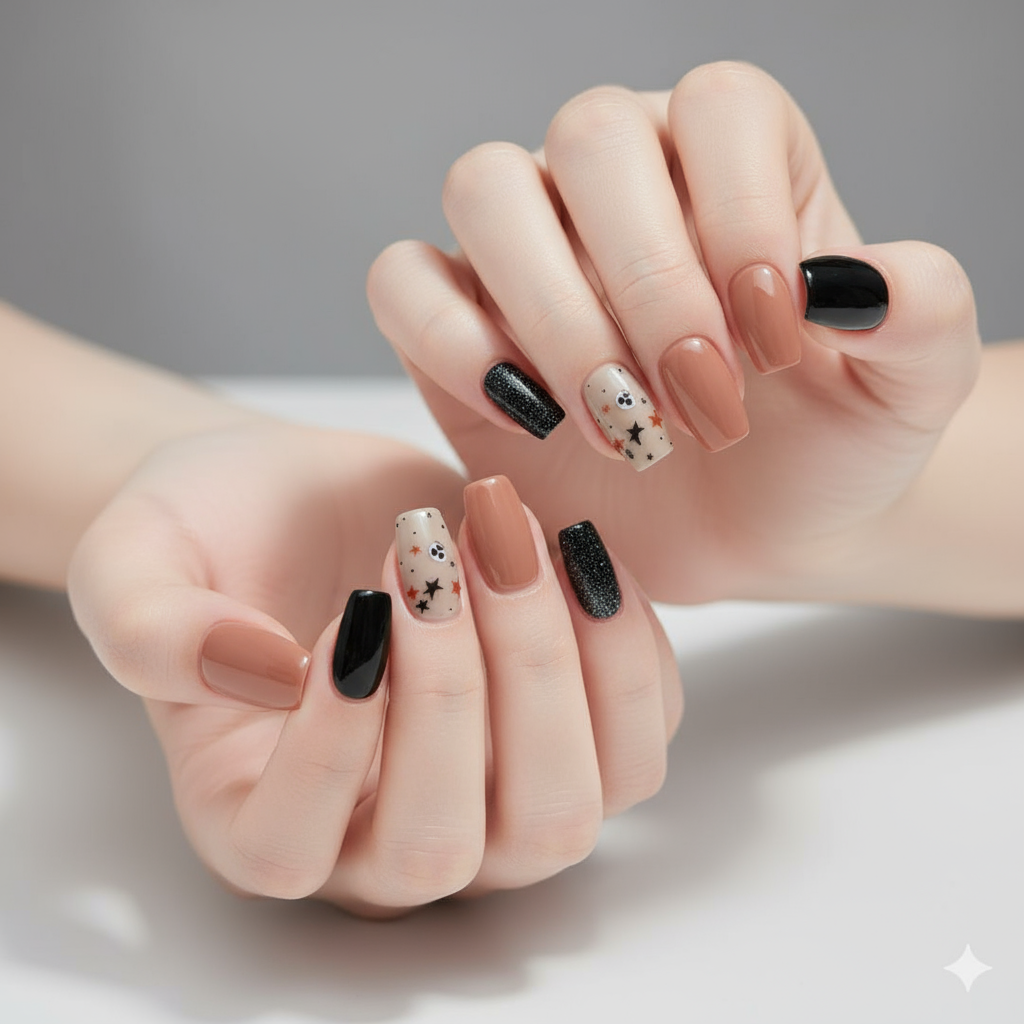 Rock & Roll Press-On Nails - 24 Pieces Black Glitter & Nude Set