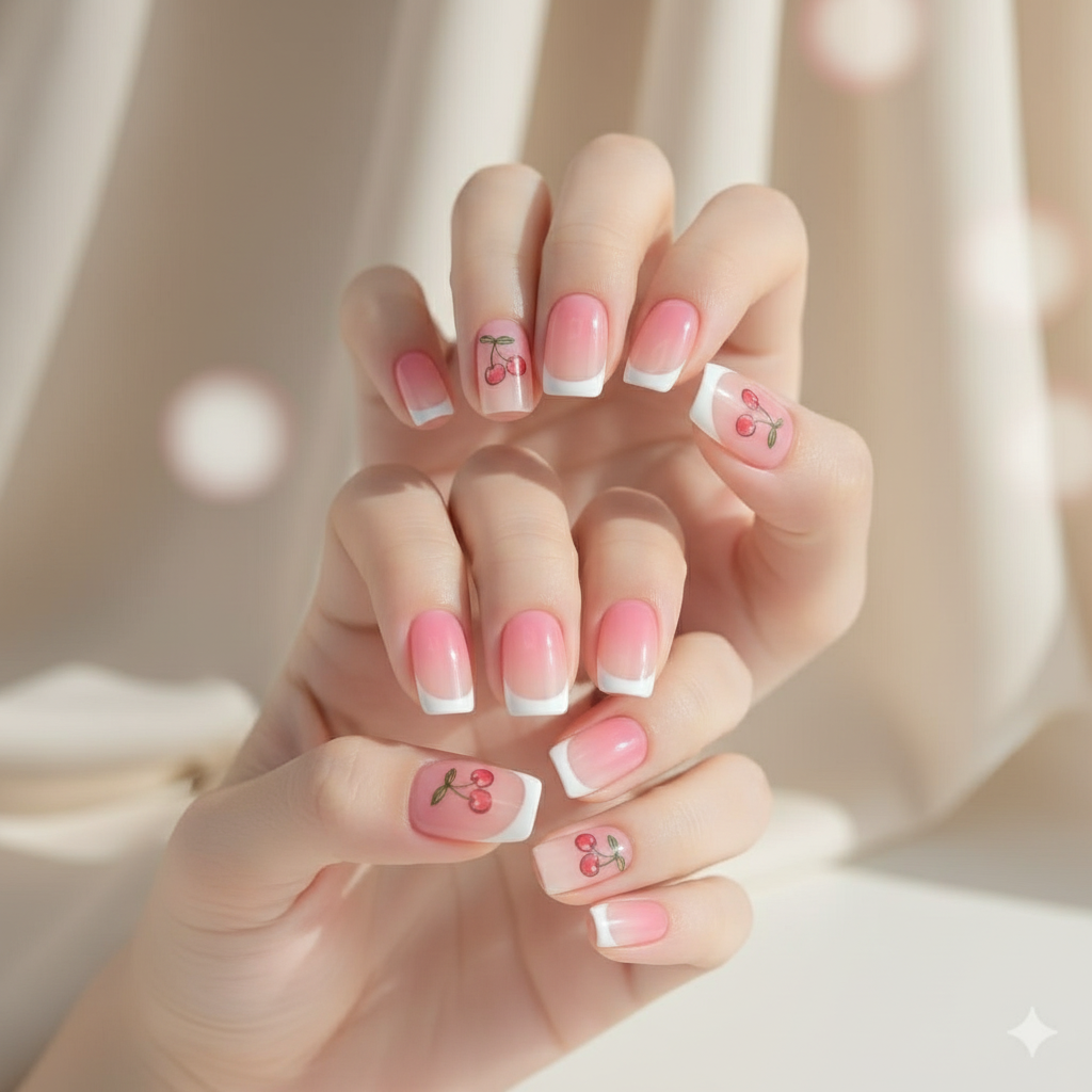 Pink Ombre Press-On Nails with Cherry Design - 24 Pieces Natural