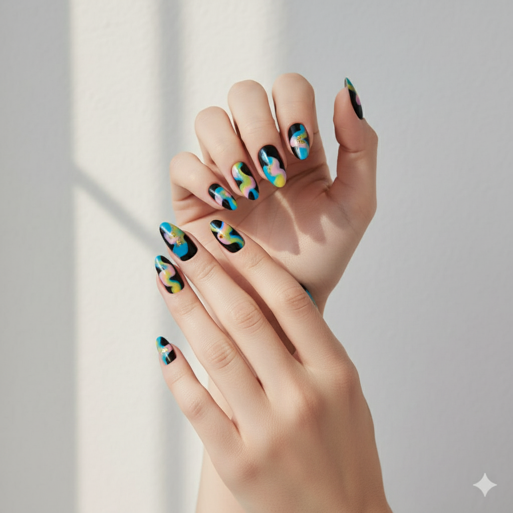 Abstract Art Press-On Nails - 24 Pieces Colorful Modern Design