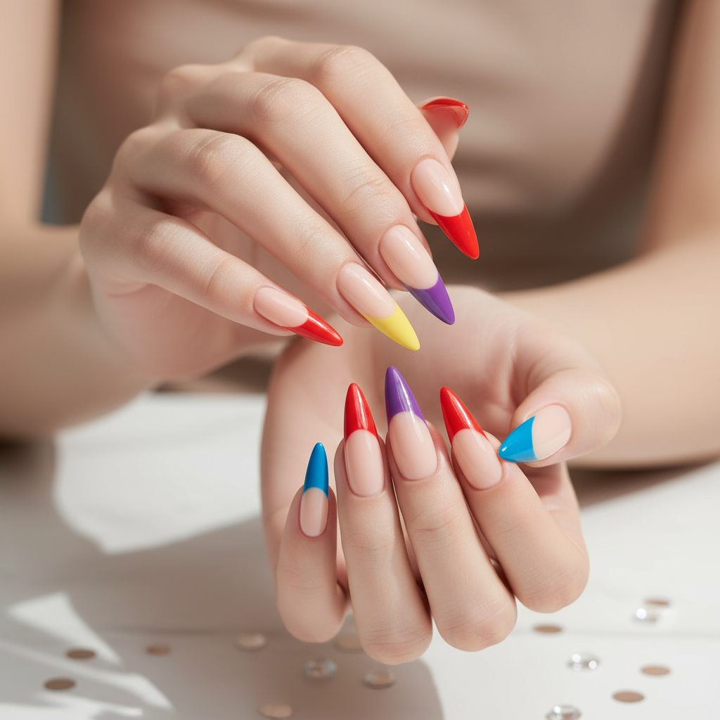 Colorful French Tip Press-On Nails - 12 Pieces Rainbow Tips