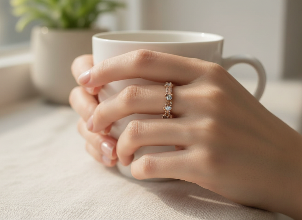 Rose Gold Crystal Ring - Delicate Stackable Band with Stones