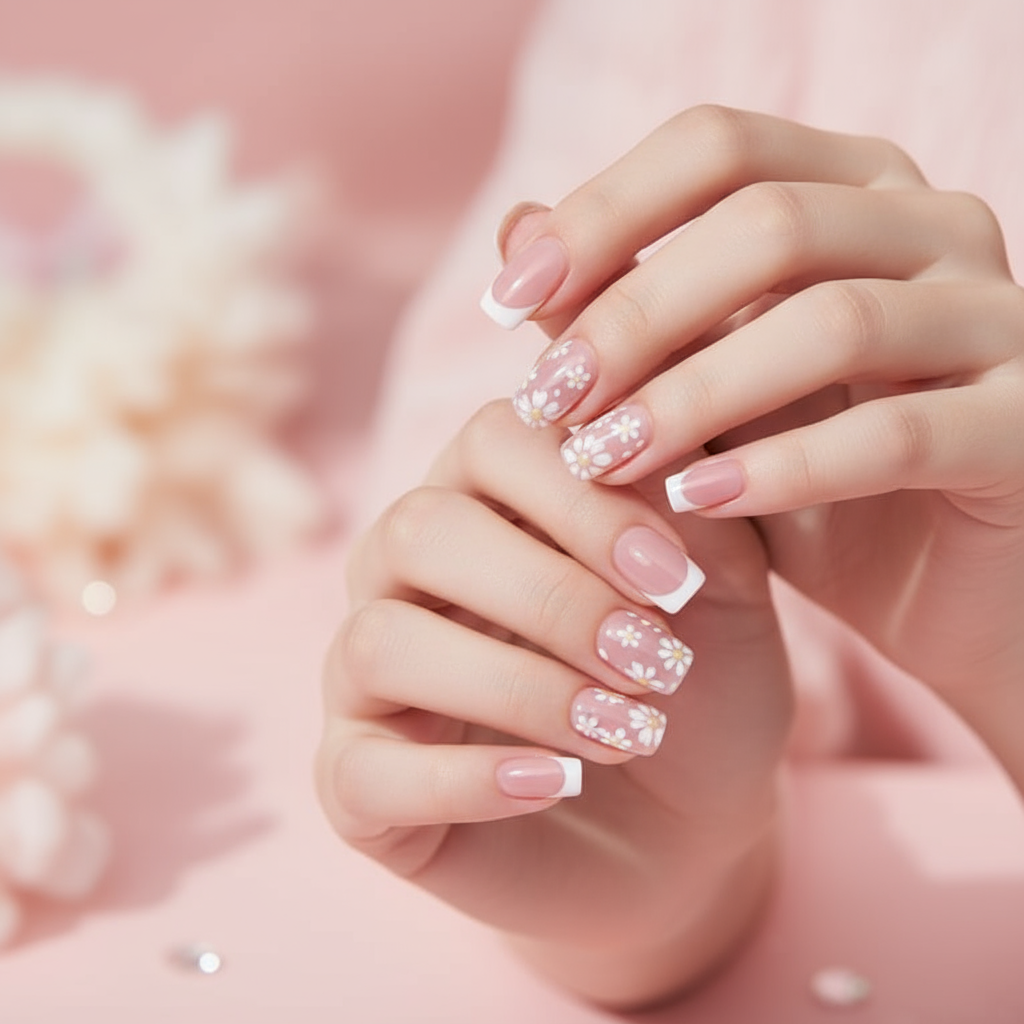Pink Press-On Nails with Hearts & Flowers - Romantic Nail Art Set