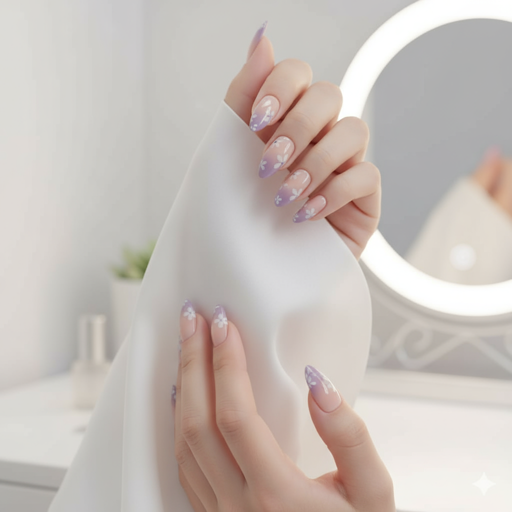 Purple Ombre Press-On Nails with Floral Design - Professional One Minute