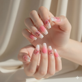 Pink Ombre Press-On Nails with Cherry Design - 24 Pieces Natural
