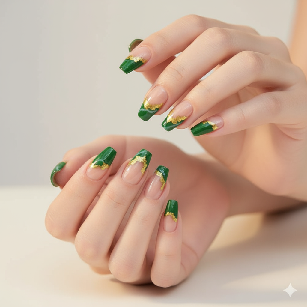 Emerald Green & Nude Press-On Nails with Gold Foil - Luxury Set