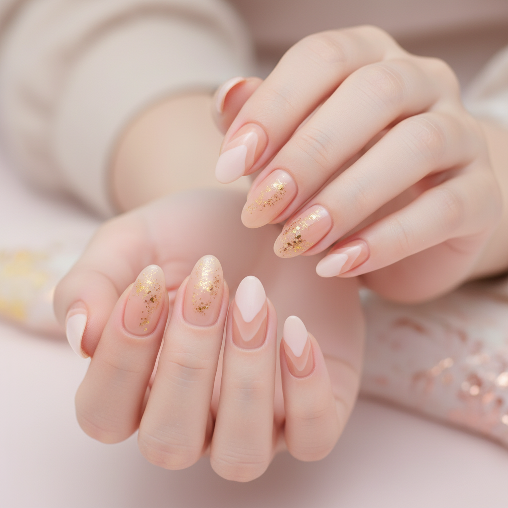 Nude Press-On Nails with Gold Glitter - 24 Pieces Natural & Comfortable
