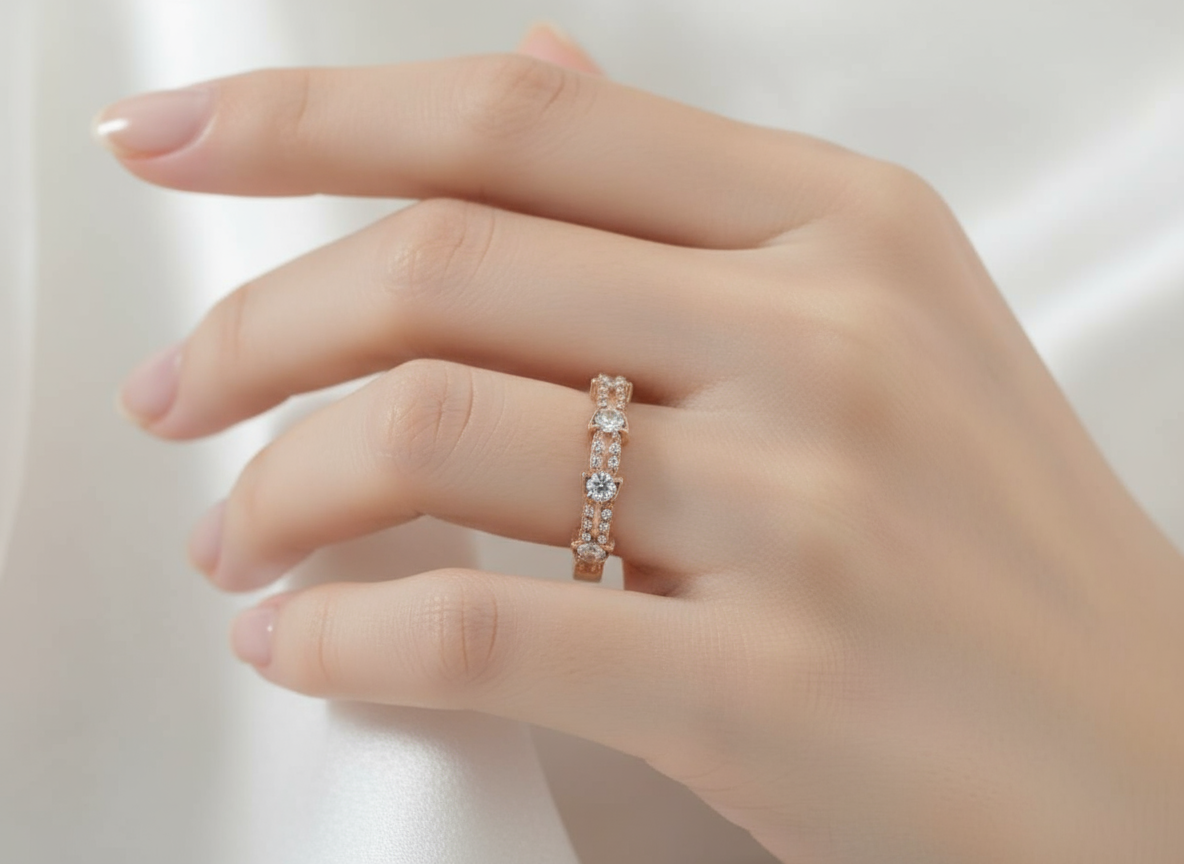 Rose Gold Crystal Ring - Delicate Stackable Band with Stones