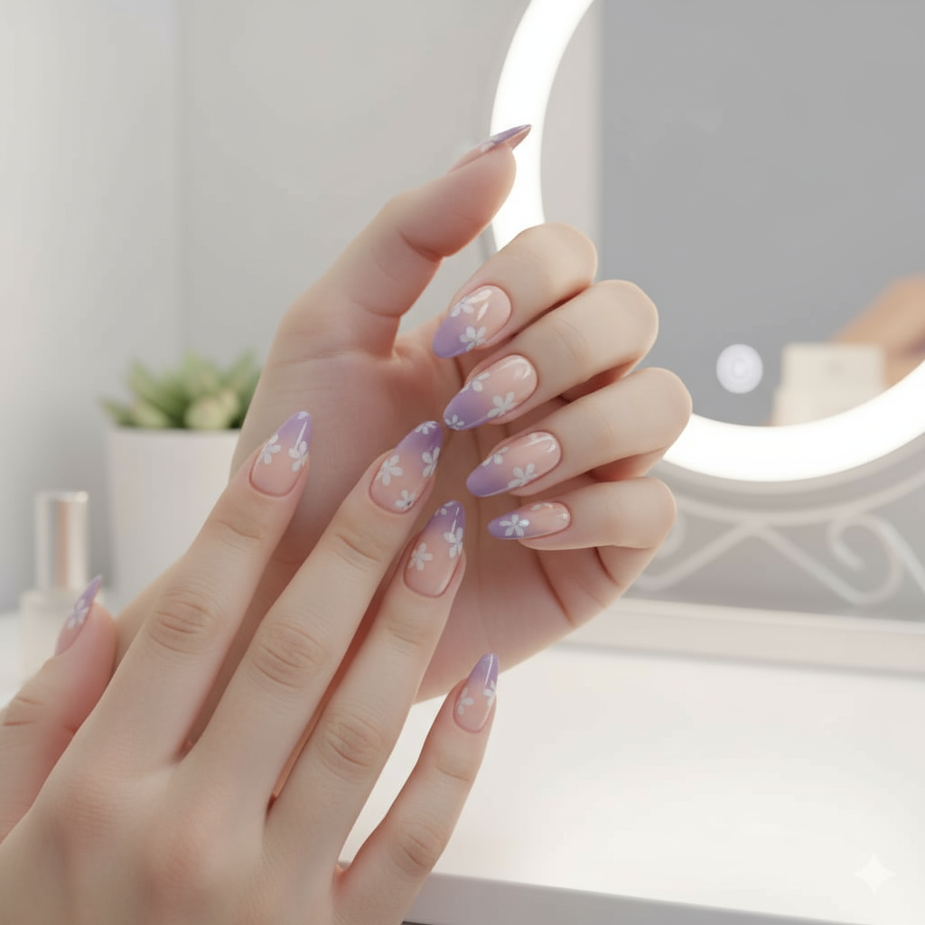 Purple Ombre Press-On Nails with Floral Design - Professional One Minute