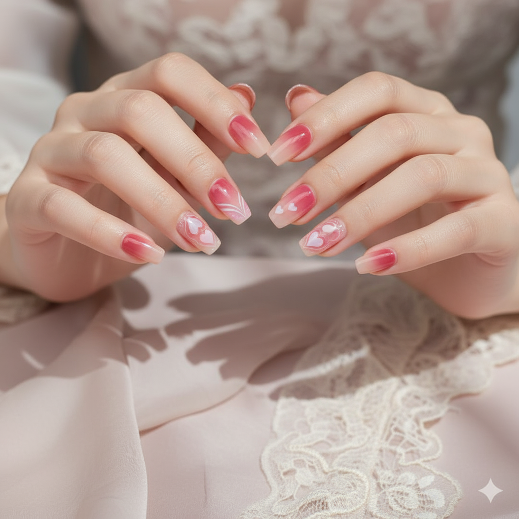 Pink Gradient Press-On Nails with Hearts - 24 Pieces Romantic Set