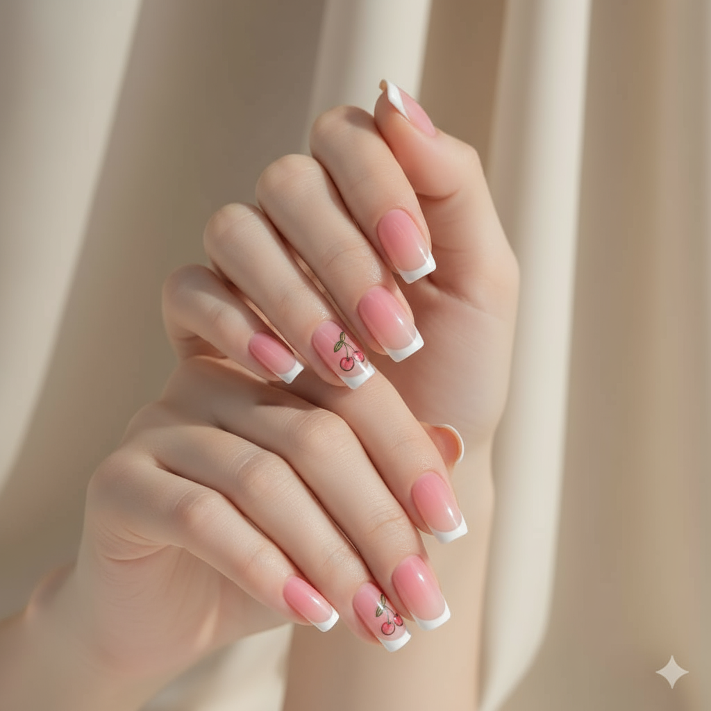 Pink Ombre Press-On Nails with Cherry Design - 24 Pieces Natural