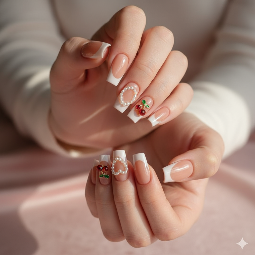 Press-On Nails with Cherry, Bow & Pearl Hearts - Cute Set