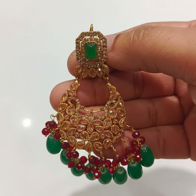 Gold Plated Chandbali Earrings with Green Red Gemstones