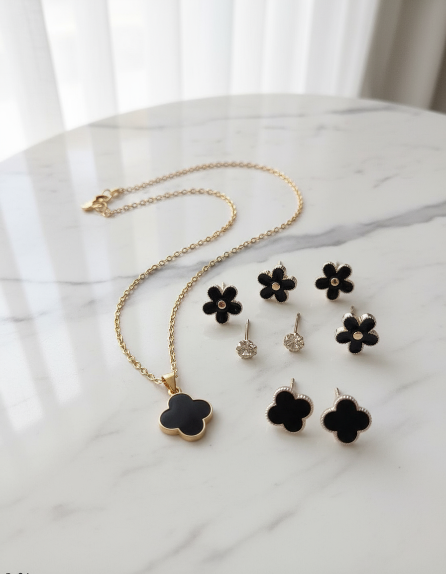 Black Clover Jewelry Set - Gold Chain Necklace with Quatrefoil Pendant & 8 Stud Earrings