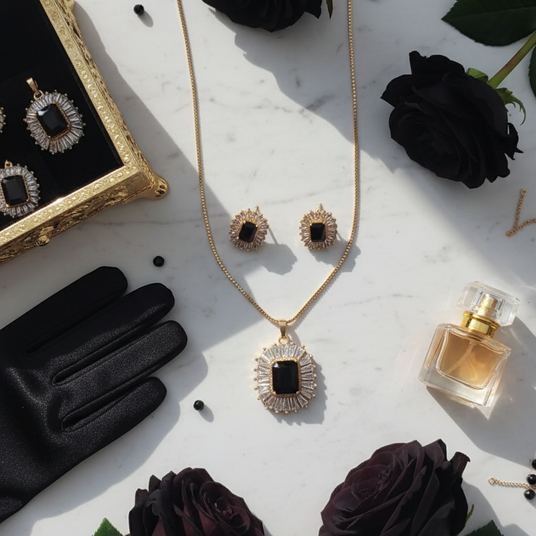 Black Stone Jewelry Set with Crystal Accents