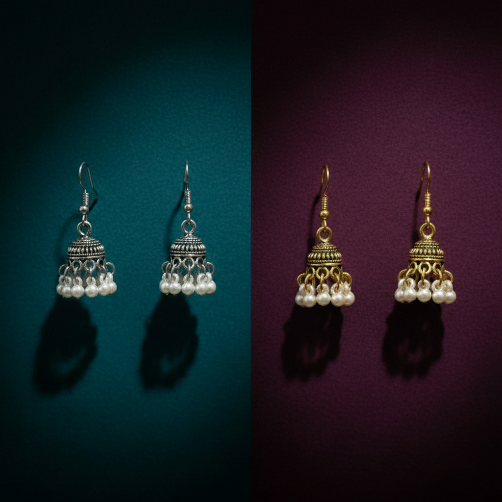 Traditional Jhumka Earrings with Pearl Beads - Gold & Silver