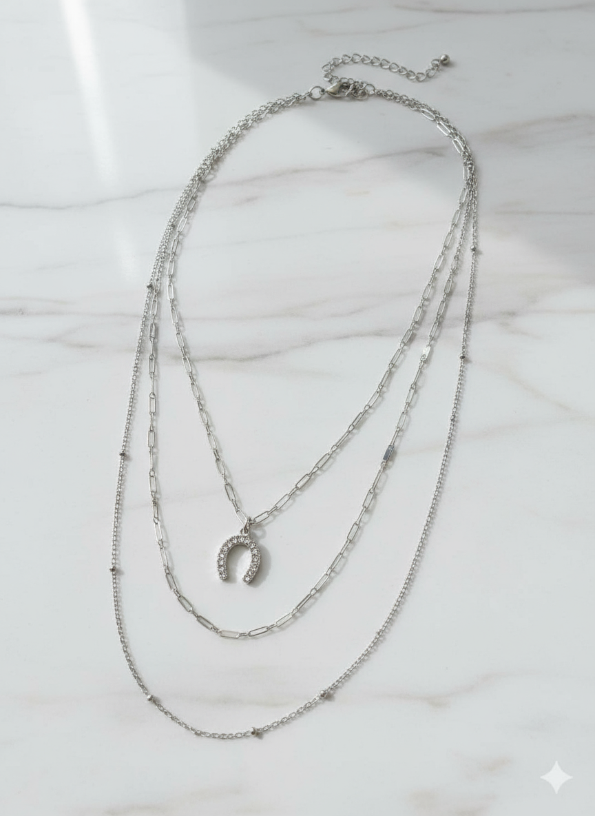 Layered Silver Necklace with Horseshoe Charm - 3 Layer Chain Necklace for Women