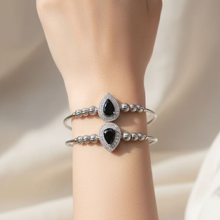 Stainless Steel Black Stone Bangle Pair -