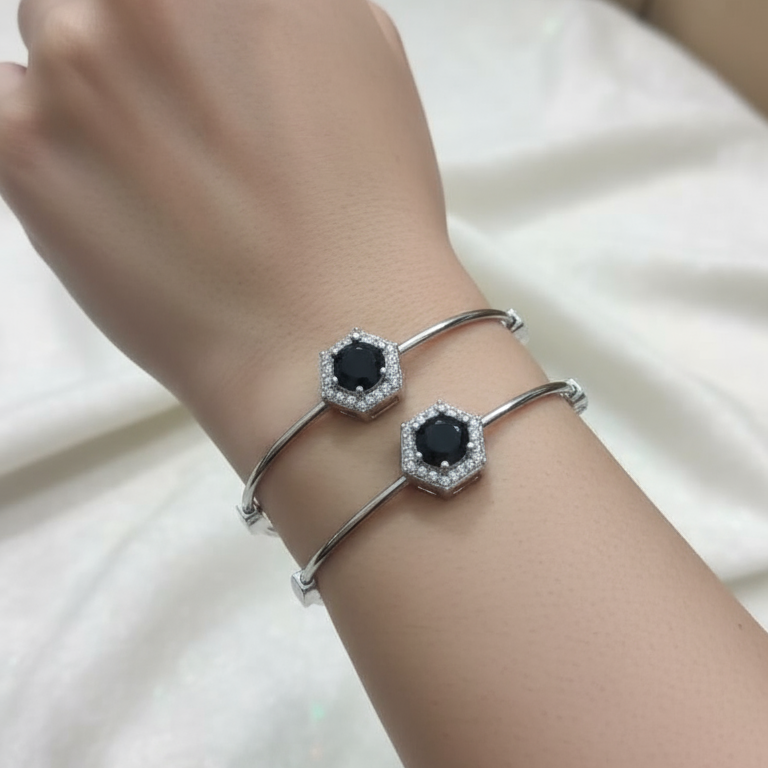 Stainless Steel Black Stone Bangle Pair -