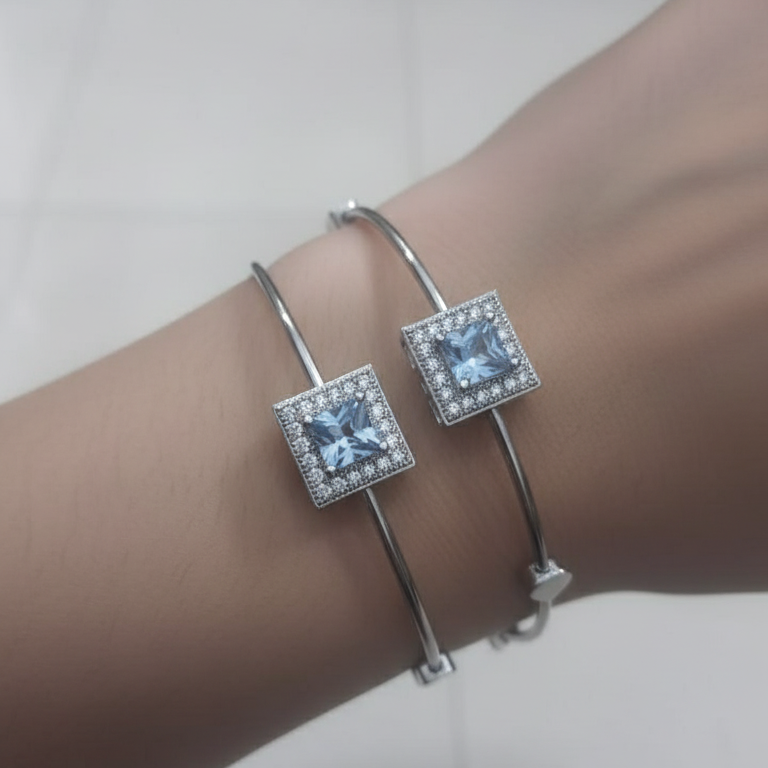 Stainless Steel Blue Square Stone Bangle Pair - Adjustable Crystal Bangles Set