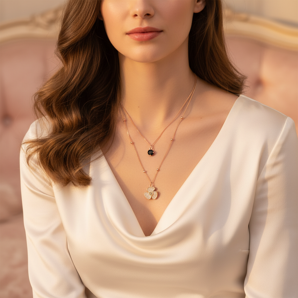 Rose Gold Layered Necklace with Clover Charm & Black Crystal Pendant
