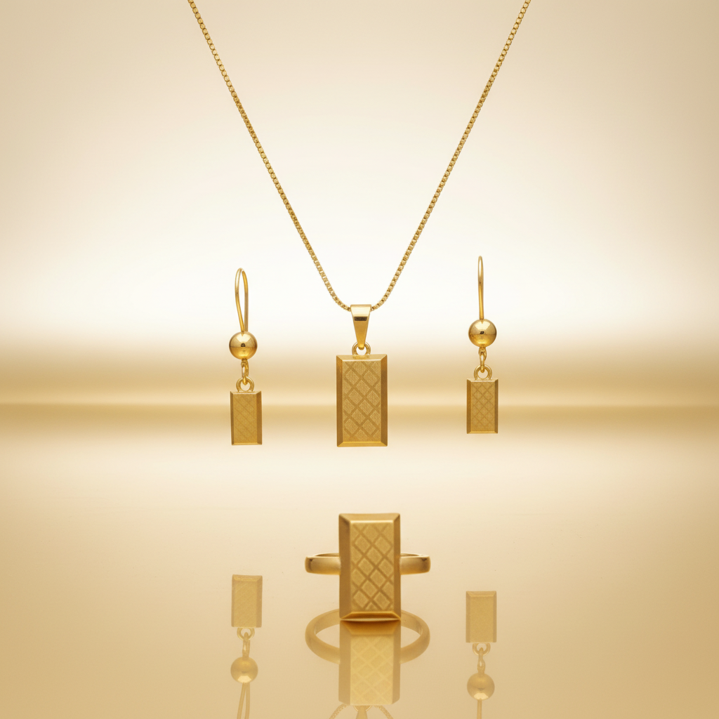 Gold Geometric Pendant Necklace with Earring & Ring Set